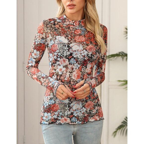Womens Lace Mesh Top Floral Mock Neck Long Sleeve See Through Casual - Picture 4 of 6